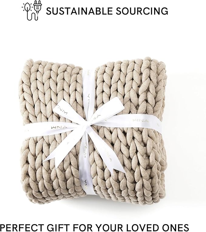 YnM Chunky Throw Blanket, Medium-Weight, Hand Knitted, Skin Friendly, Ventilated and Breathable, Machine Washable, Home Décor Piece for Couch, Sofa and Bed (Beige, 50x70 Inch)