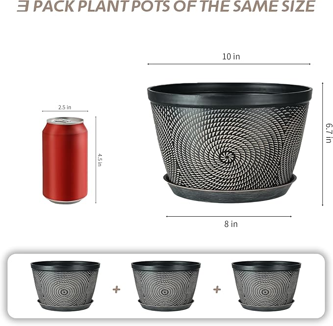 Quarut 10 Inch Flower Pots for Outdoor Indoor, 3 Pack Plastic Plant Pots with Drainage Hole & Tray, Modern Decorative Garden Pot with Saucer, planters for House (Black Copper)