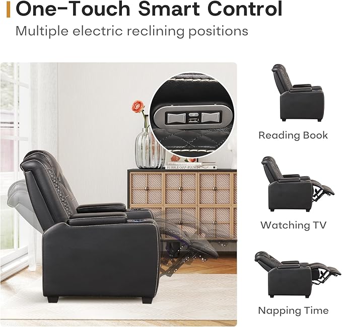 ANJ Power Recliner Home Theater Seating, Electric Recliner Chair with Adjustable Headrest,PU Leather Dual Motor Movie Reclining Chairs with Cup Holders LED Lights,USB Port,Hidden Arm Storage (Black)