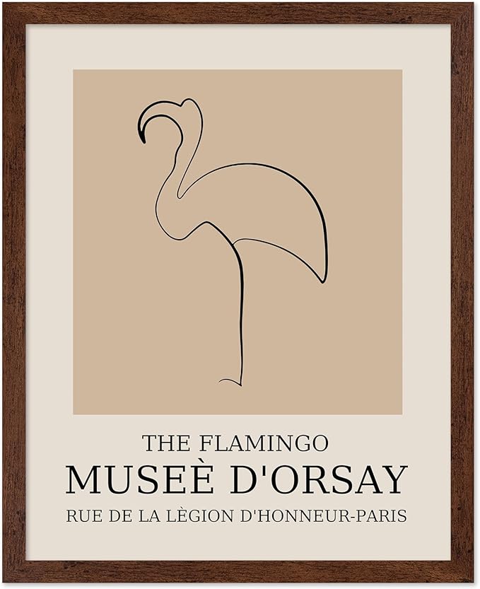 Poster Master Vintage Poster - Retro Minimalist Print - Gift for Artist, Housewarming - Flamingo, Line Drawing, Sketch, Abstract - Wall Decor for Living Room, Bedroom, 11x14 Brown Framed