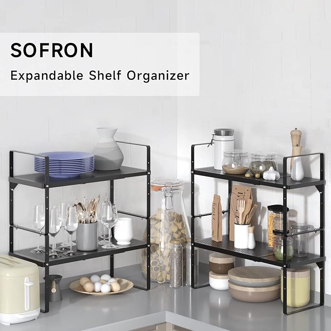 Expandable Cabinet Storage Shelf Stackable Organizer Rack for Kitchen Bathroom Pantry Spice Cupboard Coffee Countertop Home Office Desk Heavy Duty Nonslip Black Small 3 Packs