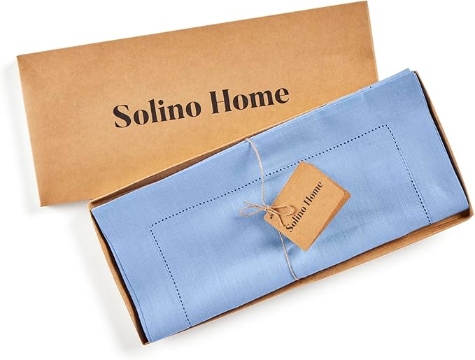 Solino Home Linen Cornflower Blue Table Runner 108 Inches Long - 100% Pure Linen Hemstitch 14 x 108 Inch Table Runner for Dining - Classic Hemstitch