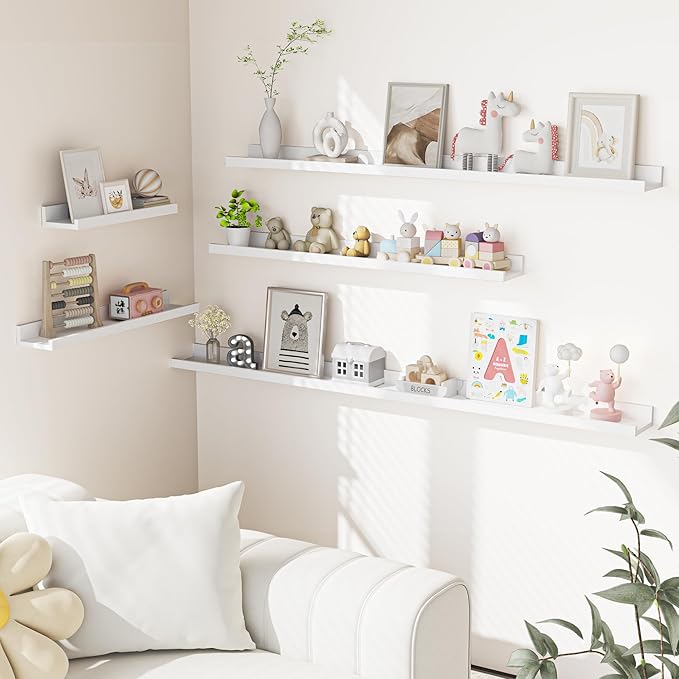Heimlove Picture Ledge Shelf, Floating Shelves Set of 2, 36 Inches Picture Shelf for Wall with Ledge, Kids Bookshelf Wall Mounted for Living Room Bedroom Decor Books Photo Frames - White