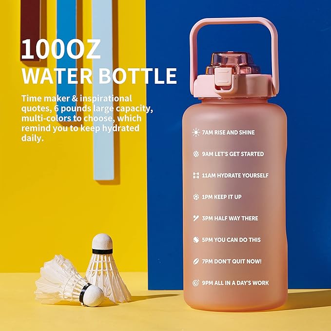 64oz,100oz,128oz Large Motivational Water Bottle with Time Marker, Leakproof & BPA Free Half Gallon Big Water Bottle with Straw Handle Tritan Frosted Water Jug for Gym,Fitness,Outdoor Sports