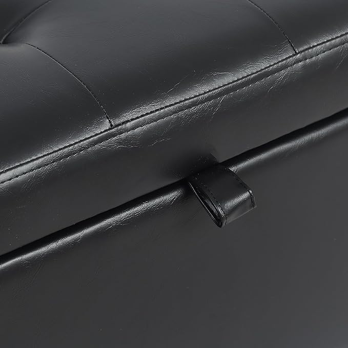 Adeco Faux Leather Storage Ottoman with Hinged Lid, 14 Inch High Black Square Cube Foot Stool with Storage, Upholstered Vanity Stool with Solid Wood Legs for Living Room, Bedroom, Dorm