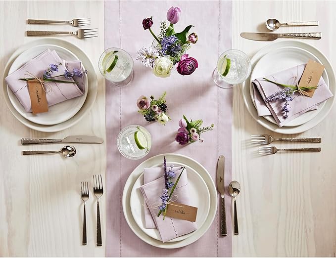 Solino Home Linen Lilac Table Runner 120 Inches Long - 100% Pure Linen Hemstitch 14 x 120 Inch Table Runner for Dining - Classic Hemstitch