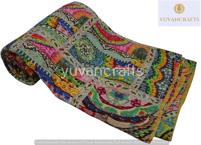 YUVANCRAFTS Patchwork Cotton Kantha Quilt - Indian Traditional Handmade Bedding Vintage Multi Color Quilt Blanket (Twin (60"x90"), Multi Patch 1)