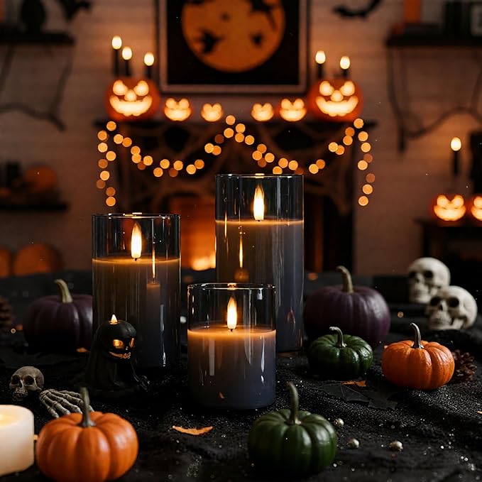 Homemory Grey Glass Flameless Candles, Battery Operated LED Pillar Candles with Remote Control and Timer, Radiance Candles, Real Wax, Set of 3,D3 xH4 5" 6"