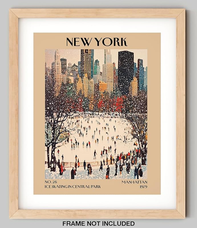 Retro Vintage New York Wall Art Print - 11x14 Unframed Poster - New York City Souvenirs, Cute Trendy Colorful Wall Decor (Ice Skating in Central Park, 11x14")