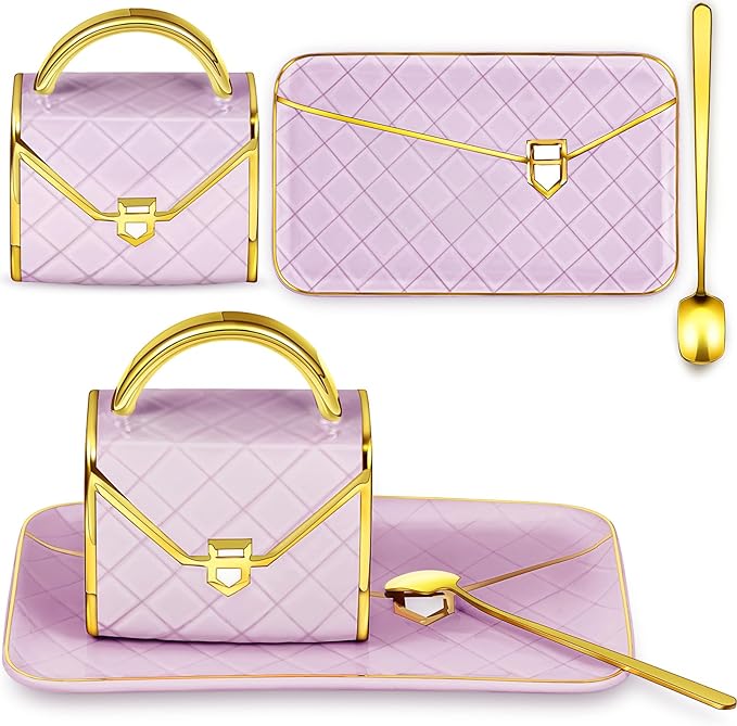 Zubebe 1 Set Coffee Mug Elegant Handbag Shaped Cup Modern Ceramic Purse Mug with Spoon and Saucer, 10oz Cute Creative Tea Cup for Office Home Woman Girls Gift (Purple)