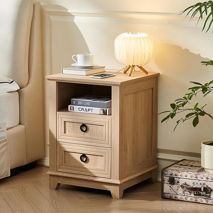 18" Farmhouse Night Stands Set of 2 with Charging Station, 2 Drawers Bedside End Table, Natural Wooden Nightstand, Bed Side Table Cabinet with Open Shelf for Bedroom Living Room Office