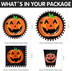 Halloween Plates and Napkins Party Supplies, Pumpkin Halloween Party Decorations Tableware, Pumpkin Paper Plate, Cup, Napkin, Tablecloth, Disposable Cutlery, Serves 24