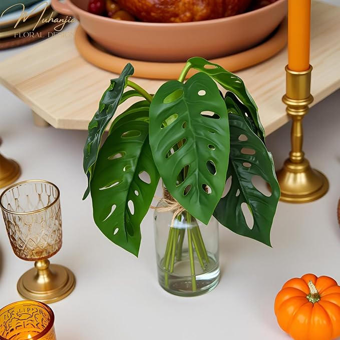 Artificial Flowers Turtle-Back, Alocasia Leaf, in Glass Vase with Faux Water,7Pcs Artificial Leaves Real Touch Latex Leaves for Centerpiece (2, Turtle-Back&Alocasia Leaves)