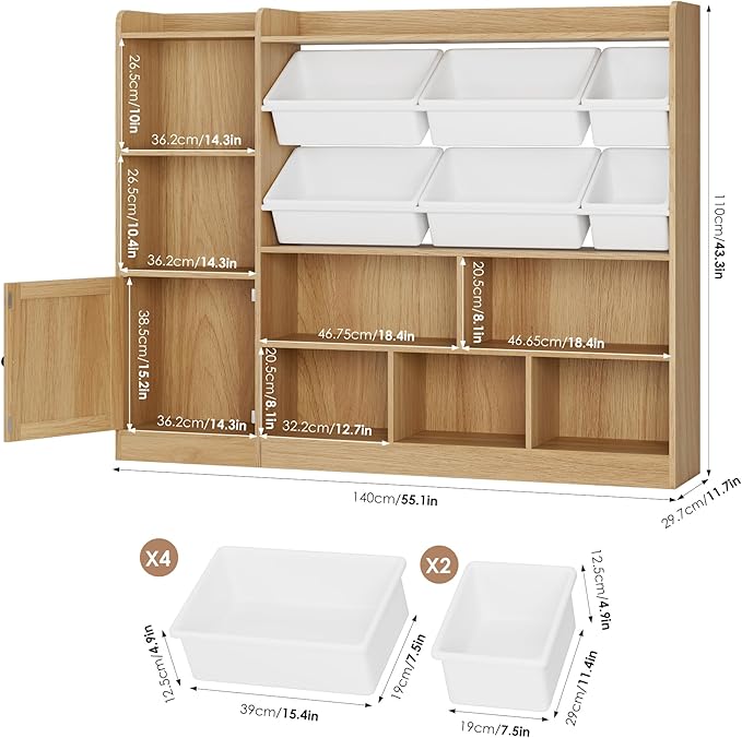 Toy Storage Organizer, 55” Wide Toy Organizers and Storage with 8 Storage Cubbies & 6 Toy Bins, Large Toy Box with Bookshelf, Playroom Storage for Playroom, Oak