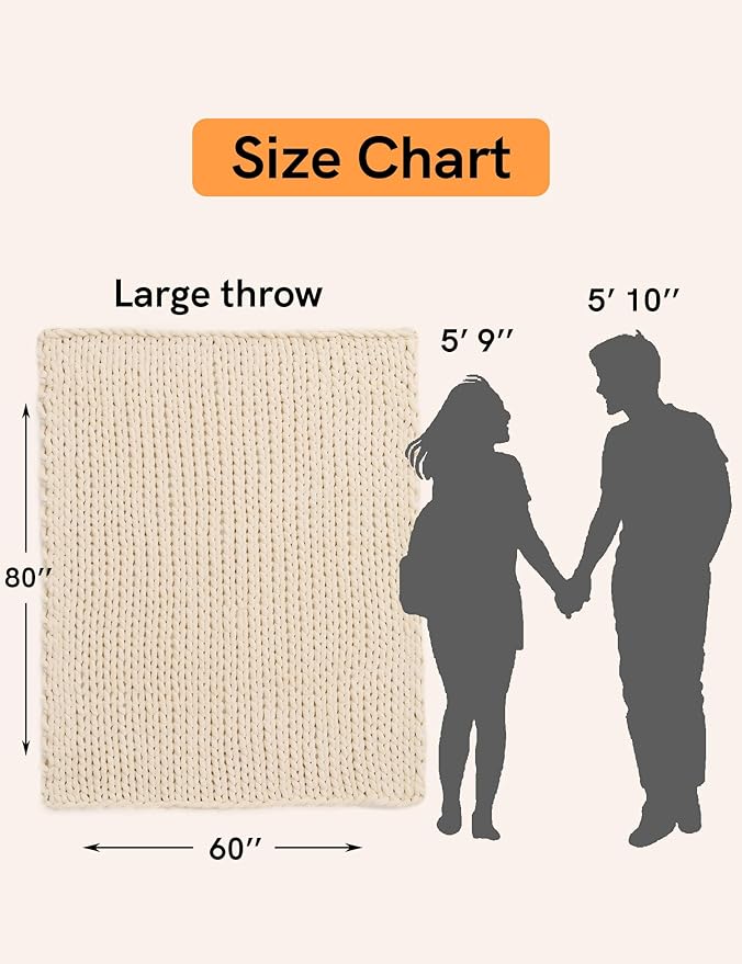YnM Chunky Throw Blanket, Medium-Weight, Hand Knitted with Chenille Yarn, Skin Friendly, Ventilated and Breathable, Machine Washable, Home Décor Piece for Couch Sofa and Bed (Butter Cream, 80x87 Inch)