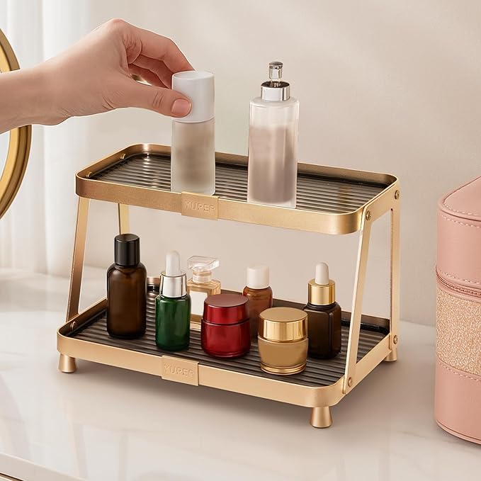 YUPER Bathroom Counter Organizer, 2-Tier Bathroom Organizers and Storage, Large Makeup Storage Shelf Vanity Tray Perfume Organizer, Bedroom Kitchen Corner Counter Storage Sink Shelf Gold