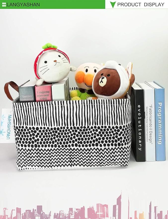 LANGYASHAN Rectangular Storage Bin Collapse Canvas Fabric Cartoon Storage Basket with Handles for Organizing Home Kitchen Boys and Girls Toys Office Closet Shelf Baskets (Rec Black line)