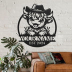 Personalized Highland Cow Name metal Signs,Custom Highland Cow Metal Shed Wall Decor,Black Metal Wall Art Plaques Outdoor wall Decorative Signage (Style A)