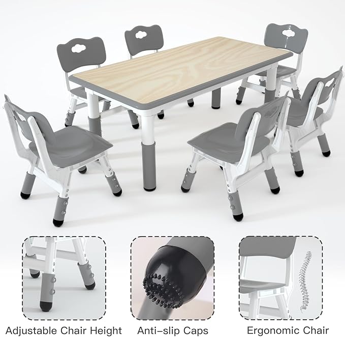 Kids Study Table and 6 Chairs Set,Height Adjustable Table and Chairs for Children and Toddlers,47.2"X23.6"Graffiti Desktop,Suitable for Daycare,Classrooms, Home