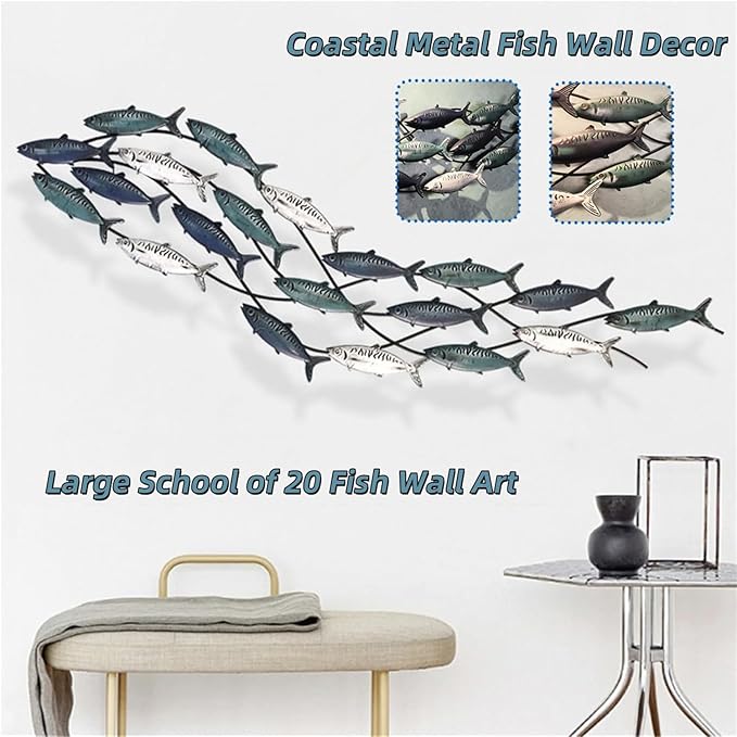 Coastal Metal Fish Wall Decor, Large Nautical Fish Wall Décor,School of 20 Fish Wall Art,3D Fish Wall Sculpture,Fish Metallic Art Decor,Perfect for Living Room,Bedroom,Beach Or Boat Decor,59" X 16.5"