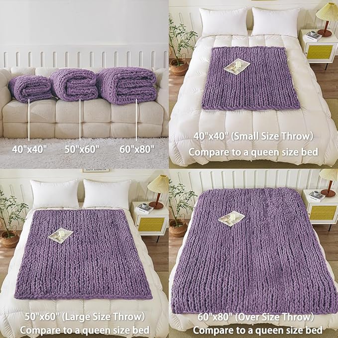 WESHIONGOO Chunky Knit Blanket Throw Knitted Throw Blankets for Couch Bed Fluffy Soft Blanket with Jumbo Chenille Yarn Thick 100% Handmade (Purple, 50"×60")