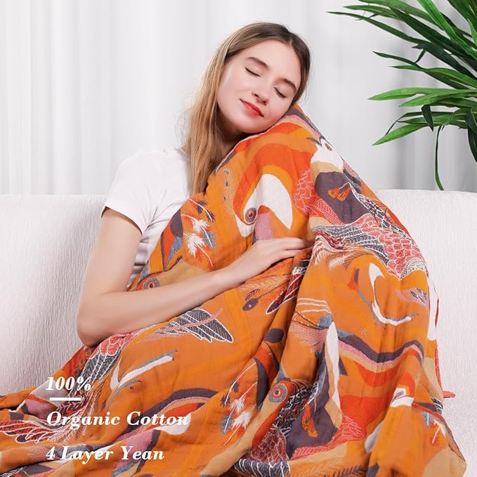 Boho Large Throw Blanket, 100% Organic Cotton Breathable Soft Bed Throw - Floral Bird Farmhouse Decor Blanket for Sofa Couch Chair Quilt and Gift. 60" x 80"- Colorful