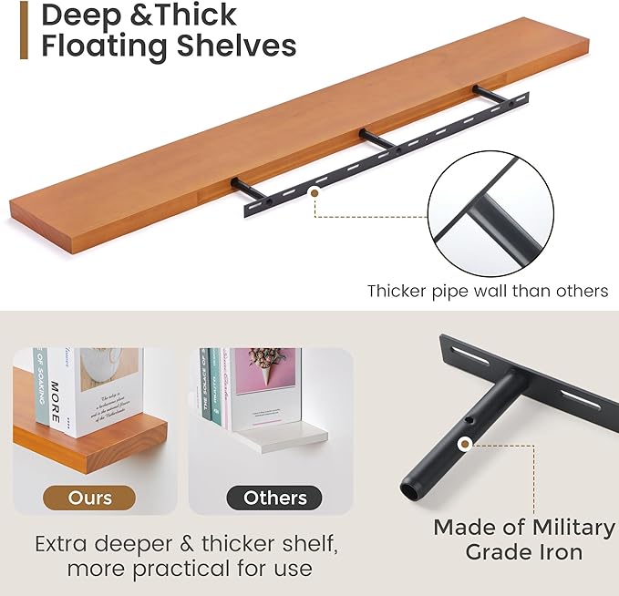 Fun Memories 55 Inches Floating Shelves - 8 Inch Deep Rustic Solid Pine Wood Wall Shelves for Storage - Farmhouse Wall Mounted for Living Room - Heavy-Duty Metal Bracket - 55" W x 8" D - Honey