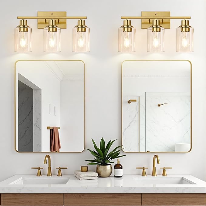 3-Light Vanity Lights with Clear Glass Shades, Brushed Gold Bathroom Light Fixtures Over Mirror, Modern Bathroom Wall Lamp for Mirror Living Room Cabinet Bedroom Porch