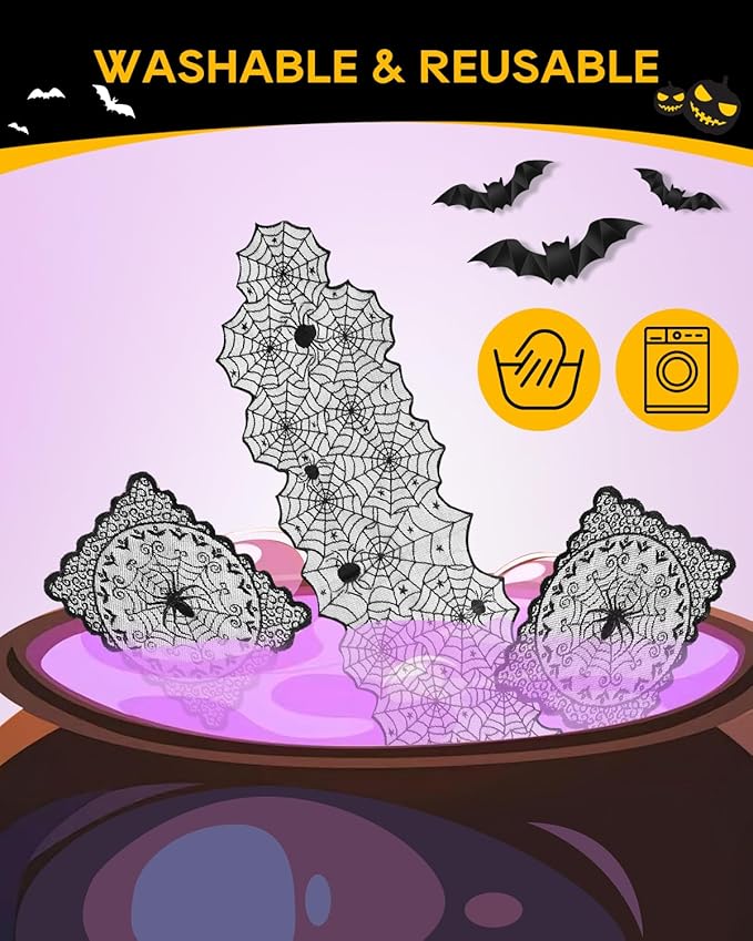 eZAKKA Halloween Table Runner with 4Pcs Placemat, Black Lace Spider Web Table Runners for Parties Gothic Spooky Home Decorations, 18 x 72 Inch