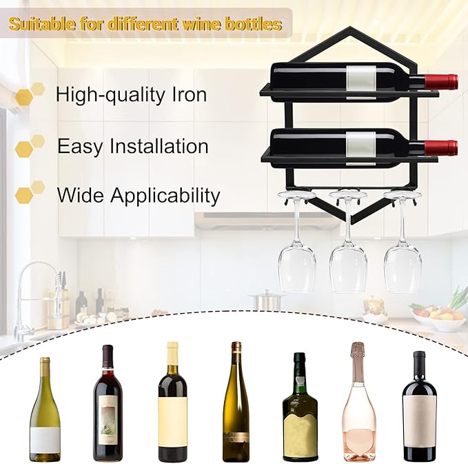Wall Mounted Wine Stemware Rack, Metal Hanging Wine Glass Display Holde Holds 3 Cups 2 Bottles, Elegant Storage for Kitchen Dining Room Bar Wine Cellar (Black 2)