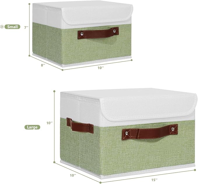 ANMINY Storage Boxes with Lids Washable Decorative Storage Bins Basket with PU Leather Handle Foldable Linen Fabric Storage Cubes Containers for Home Closet Organizer - Green White, Small Size