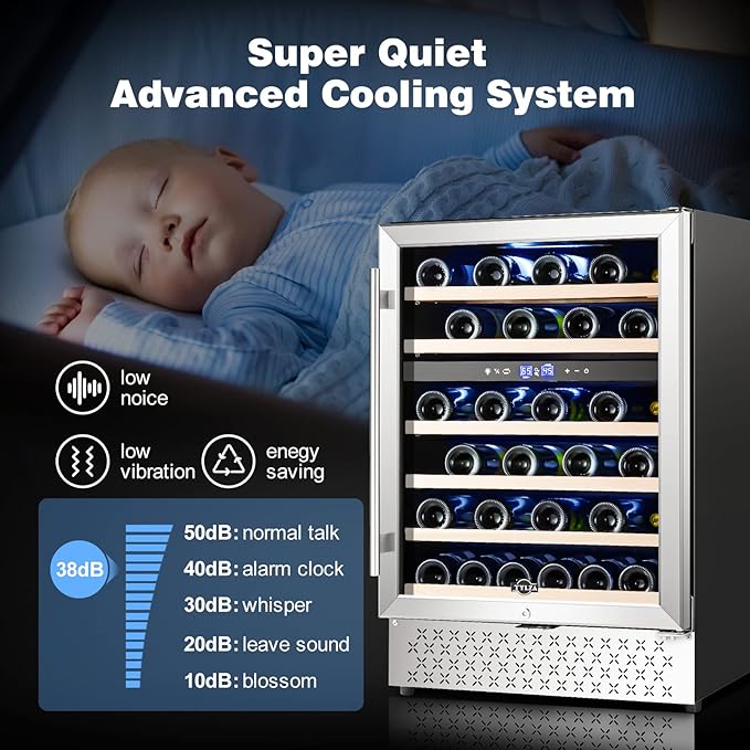 Tylza 24 Inch Dual Zone Wine Cooler Refrigerator, 46 Bottle Built-in or Freestanding, 24'' Wine Fridge with Stainless Steel & Professional Compressor and Temperature Memory Function