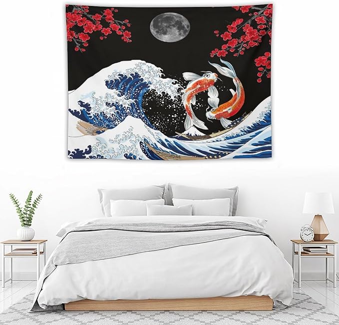 Houselerax Japanese Koi Fish Tapestry, Yin Yang Big Wave Red Cherry Blossom Tapestries Wall Hanging for Bedroom Living Room Office Decor 40"x30"