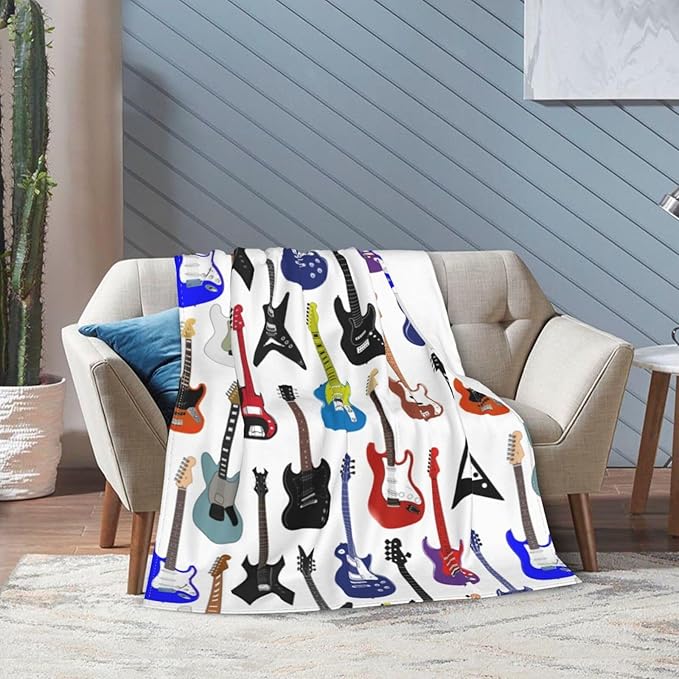 Electric Guitars Pattern Throw Blanket Music Soft Fleece Blanket Men Women Gift for Kids Boys Girls for Party Couch Sofa Bed Deco Blankets 80x60 Inch
