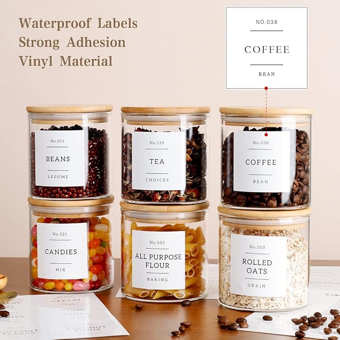20 OZ Glass Food Storage Jars with 132 Pantry Labels Preprinted - 6 Pcs Thicken Glass Storage Containers with Airtight Bamboo Lid - Clear Kitchen Canister for Spice, Tea, Coffee, Sugar, Cookie, Candy