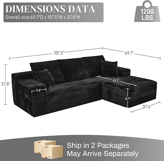 Modular Sectional Sofa Cloud Sectional Couch, 107" Comfy Fluffy L Shaped Black Couches for Living Room, Deep Seat Memory Foam Plush Corduroy Boneless Couch Sectionals with Right Facing Chaise Sofa
