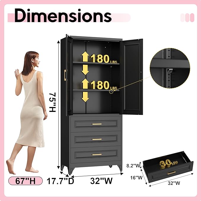 Pantry Kitchen Cabinet with Drawer, 75" Tall Pantry Storage Cabinet, Metal Storage Cabinets with Doors and Shelves, Large Freestanding Cupboard for Dining Room, Assembly Required, Black