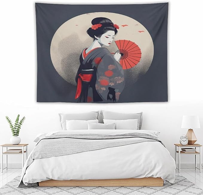 Japanese Woman Geisha Tapestry Asian Red Cherry Blossom Red Sun Traditional Kimono Folk Tapestries Home Decor for Living Room Bedroom Apartment Farmhouse Dorm 80"x60"