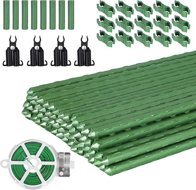 Garden Stakes 60 Pack, 16 Inch Each, DIY 3ft 4ft 5ft 6ft 7ft Sturdy Steel Plant Stakes with 50 Connectors, 30 Rotatable Clips, 10 A-Type Connecting Pipe and 164 Feet Twist Tie for Climbing Plants