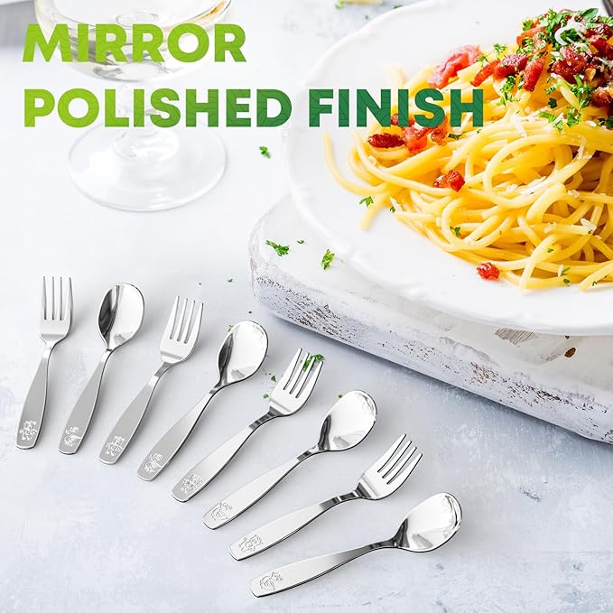 Toddler Utensils 4 Set, Kids Stainless Steel Silverware Set - 2pcs Forks and 2pcs Spoon, Cute Children Flatware Sets with Mirror Polished, Self Feeding Safe, Dishwasher Safe