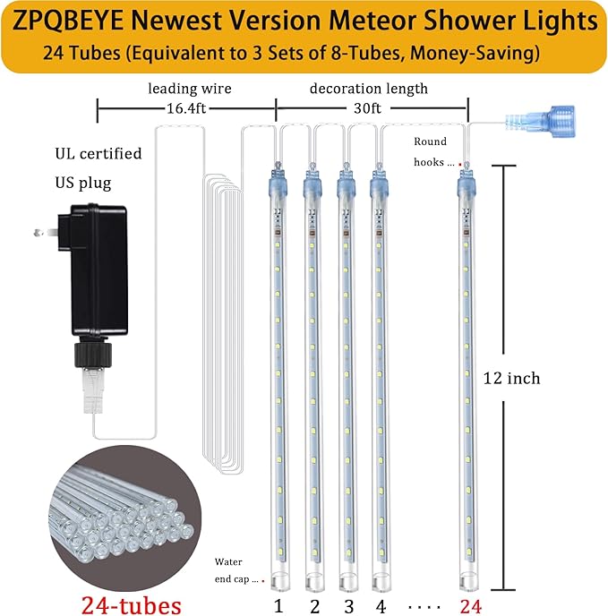Christmas Lights Outdoor Meteor Shower Lights 24-Tube 576LEDs Snow Falling Rain Cascading Icicle Light for Xmas Tree Christmas Decorations Wedding Party Holiday Garden Decor, UL Plug Blue