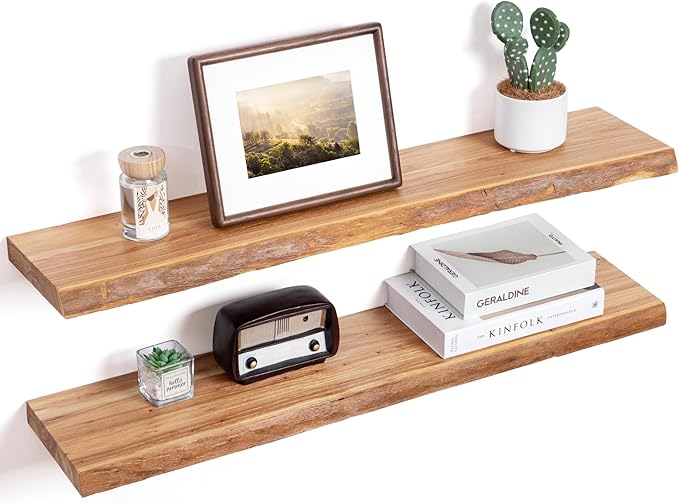 Floating Shelves for Wall Decor, Rustic Solid Elm Wood Live Edge Floating Shelves Wall Mounted, Wall Shelves with Invisible Bracket for Living Room Bathroom Bedroom Kitchen, 36 Inch Set of 2, Natural