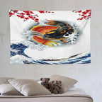 Houselerax Koi Fish Tapestry, Japanese Style Yin Yang Big Wave Cherry Blossoms Tapestries Wall Hanging for Bedroom Living Room Office Decor 60"x40"