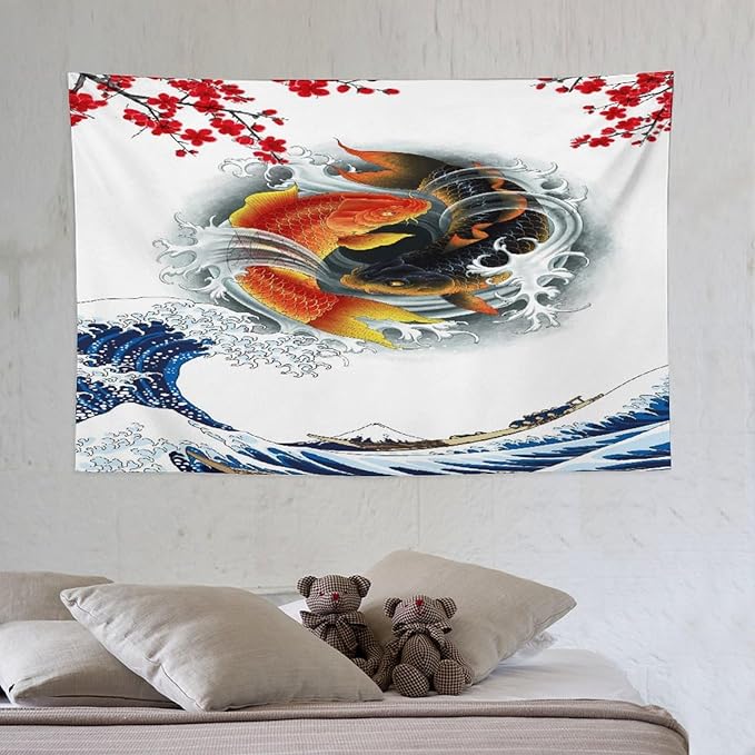 Houselerax Koi Fish Tapestry, Japanese Style Yin Yang Big Wave Cherry Blossoms Tapestries Wall Hanging for Bedroom Living Room Office Decor 60"x40"