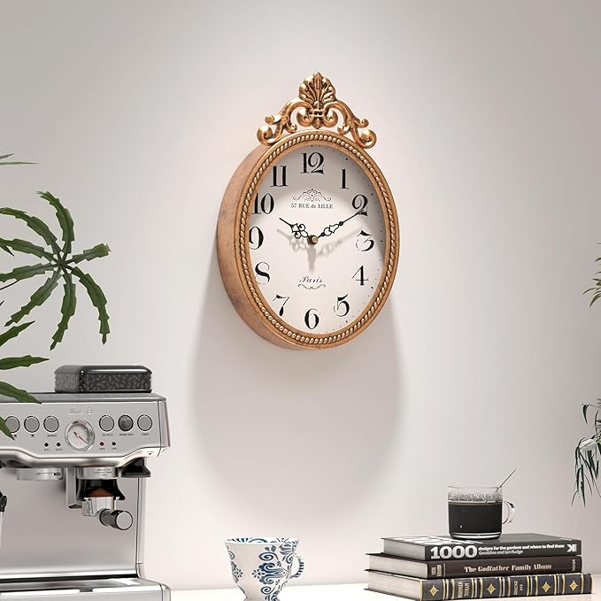 Abdurey Small French Retro Decorative Wall Clock, Antique Gold Vintage Oval Style,Silent Battery Operated Boho Decor Wall Clocks for Farmhouse,Kitchen,Bedroom,Bathroom(10.4" H x 6.7" W)
