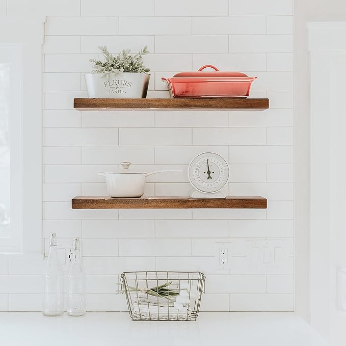 URBANDI, Rustic Floating Shelves, Set of 2, Hidden Bracket, Solid Wood, Heavy Duty, Wall Mounted Shelves, (Provincial, 36Wx6D)