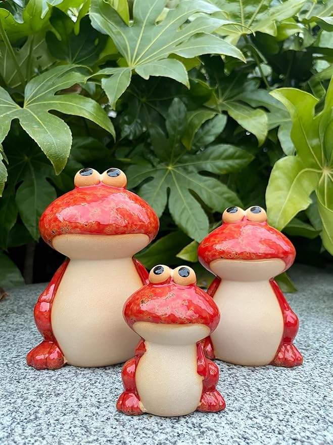 Frog Garden Decor Set of 3,Funny Cute Ceramic Frog Garden Statues Yard Decoration Outdoor Holiday Decorations,Ideal Ornament for Outside Pond Pool Patio Front Porch Backyard (Red)