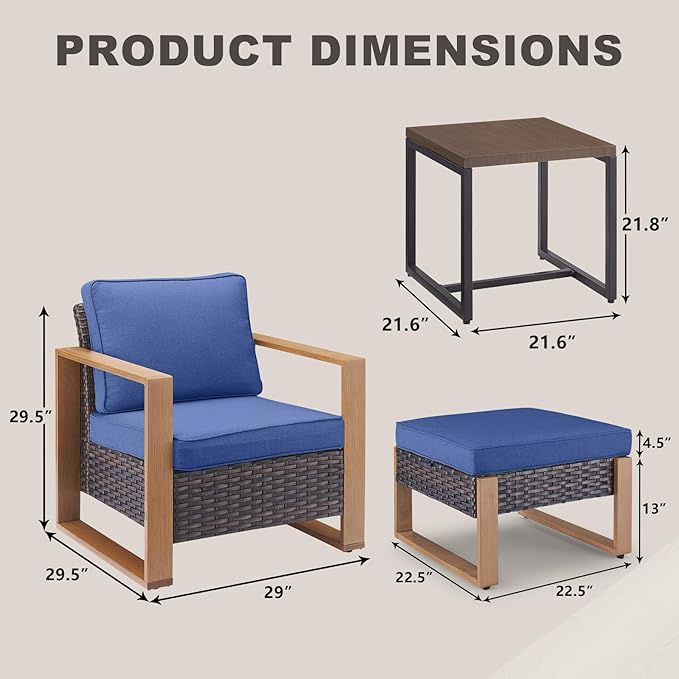 Outdoor Wicker Patio Furniture Set - 5 Piece Patio Conversation Set with 2 Wicker Armrest Chairs,2 Rattan Ottoman, 1 Side Table, Sturdy Frame, Thick Cushions, Deep Seating(Brown/Blue)