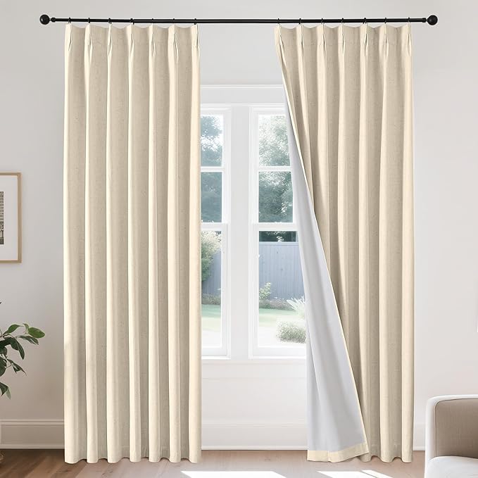 Joydeco Pinch Pleated Linen Curtains for Living Room, 100% Blackout Curtains 84 inches Long 2 Panel Thermal Insulated Pinch Pleat Drapes(Bleached Sand,40'' Wx84'' L)