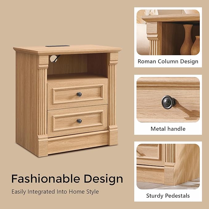 26" Tall Farmhouse Nightstand, 2 Drawers End Table w/Charging Station, 23.6" Wide Large Side Table w/Roman Column, Wood Rustic Sofa Table w/Open Shelf, Bedside Table for Bedroom, Natrual